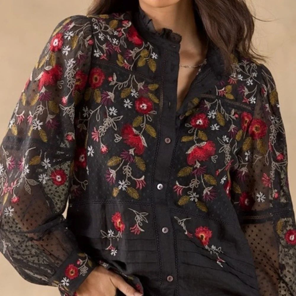Sundance Beaumont Blooms Black Embroidered Button Down Blouse XL